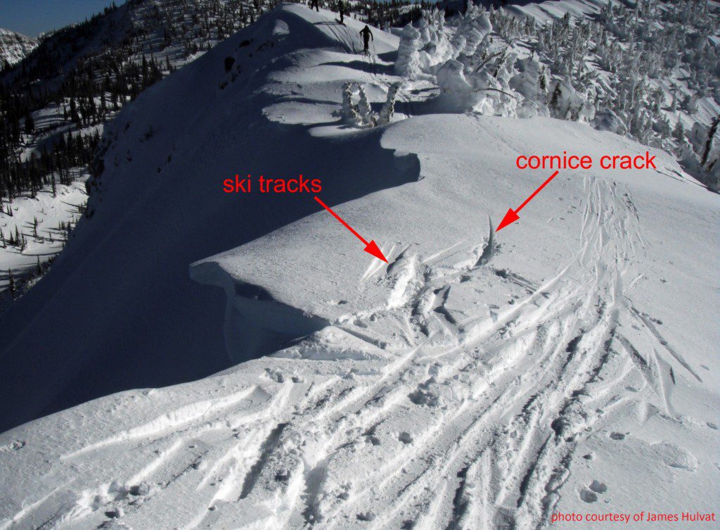 A snow cornice crack in Montana.