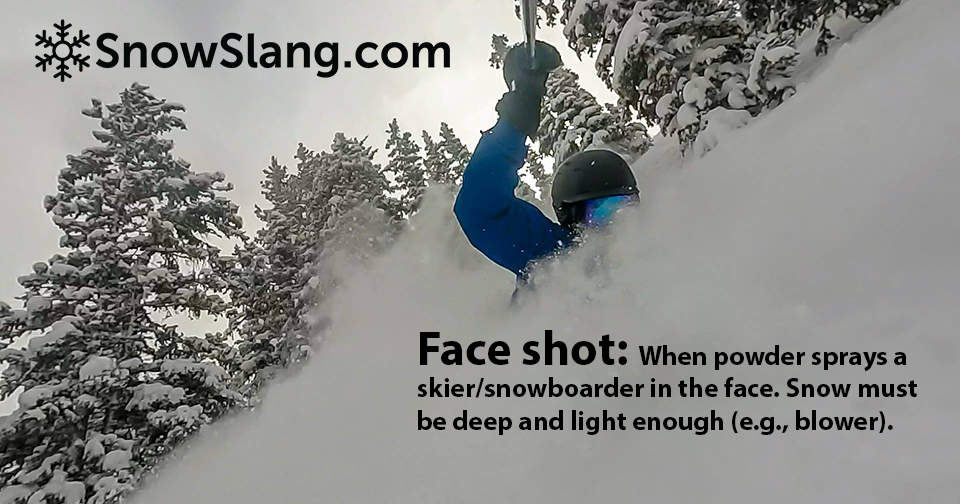 Ski terms, snowboarding slang. Face shot at Winter Park, Colorado. Photo of/by Mitch Tobin, editor SnowSlang.com